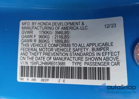 2024 Honda Civic Sport z USA, uszkodzony, nr VIN 19XFL2H86RE013685